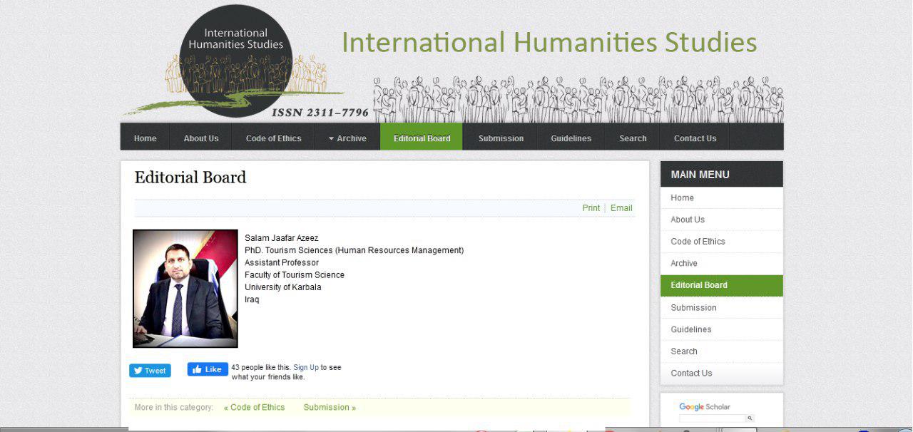 Read more about the article اختيار تدريسي في كلية العلوم السياحية – جامعة كربلاء عضواً في هيئة تحرير مجلة امريكية “International humanities Studies” الدراسات الانسانية الدولية