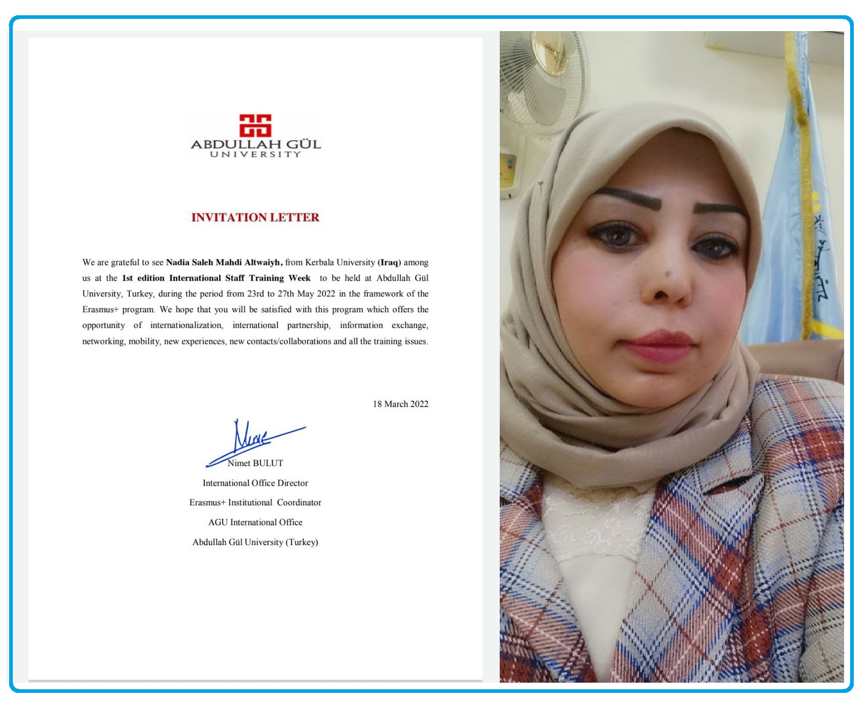 Read more about the article دعوة للاستاذ الدكتور نادية صالح الوائلي للمشاركة في أسبوع تدريب الكوادر التدريسية الأول في جامعة عبد الله كول في تركيا