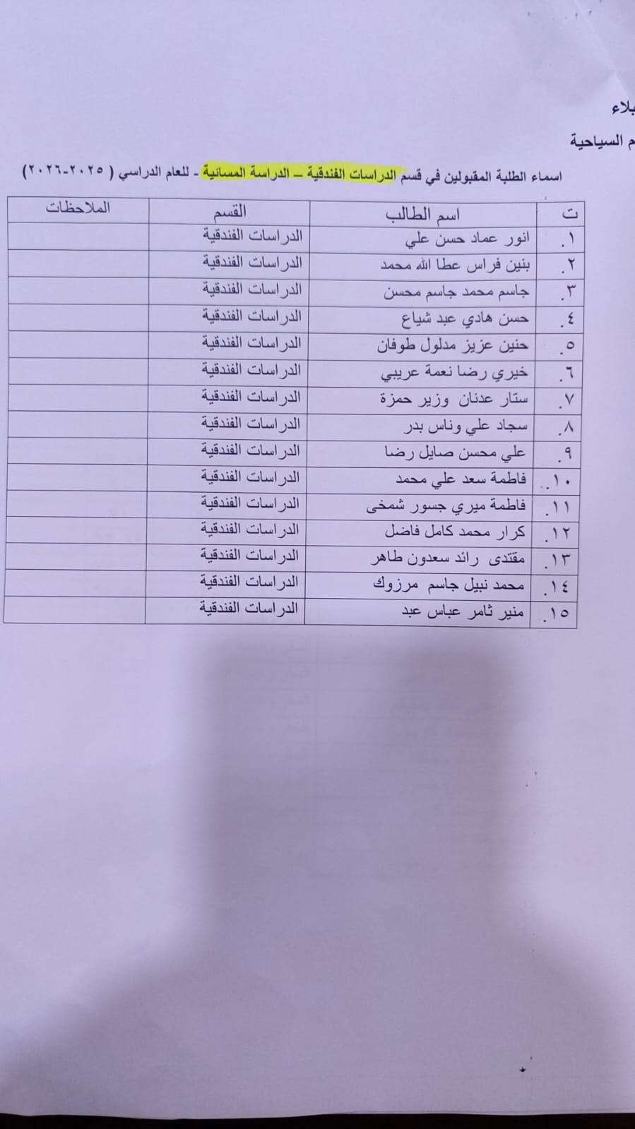 Read more about the article اسماء الطلبة المقبولين في قسم الدراسات الفندقية – للدراسة المسائية