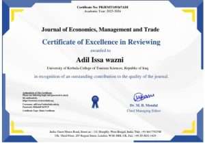 Read more about the article تدريسي في كلية العلوم السياحية يحصل على شهادة تميز في المراجعة العلمية من مجلة دولية